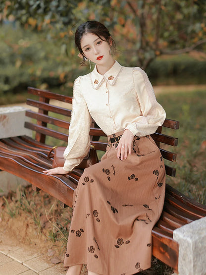 ロングブラウス＋フラワーレトロスカート