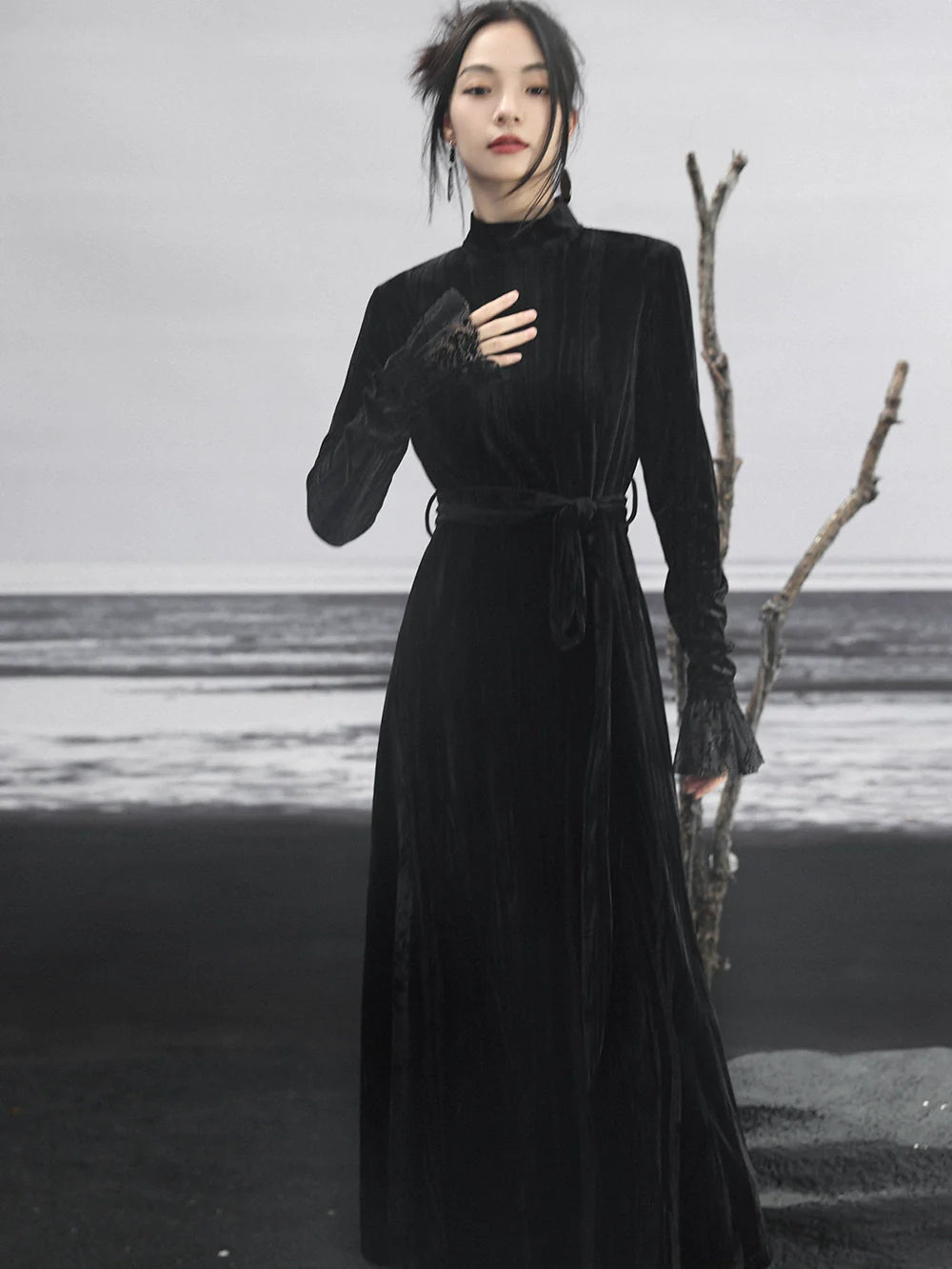 Dress Retro Mesh Splicing Long Velvet Black Slim