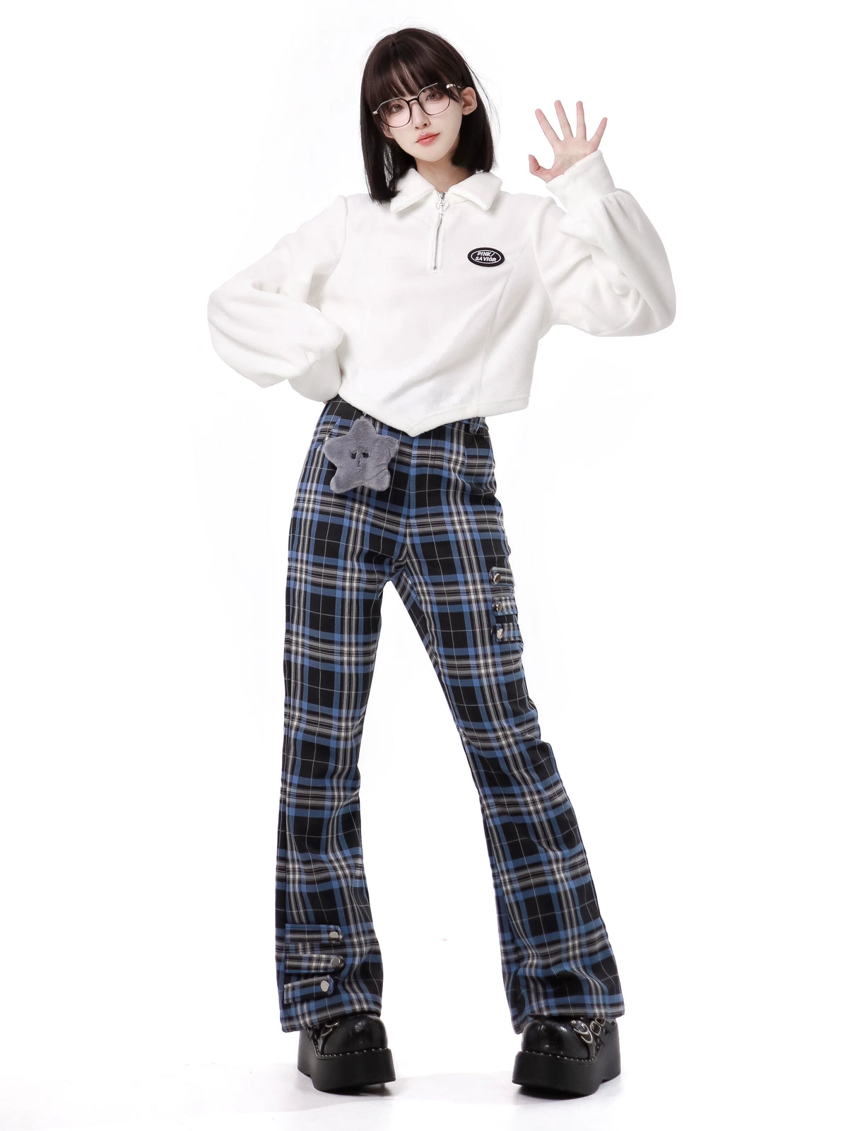 Nyar Star Gravity Velvet Cat ear Farjack+Blue Check College Pants