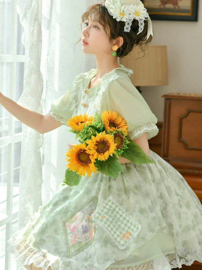 レース花柄ドレスドール スプライシングミント