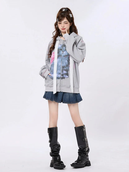 Zip-Up Hood Retro Ribbon Hoodie Ear Cat