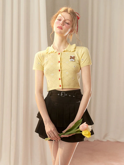 Kurzer amerikanischer Cardigan mit Blumenmuster und Kragen