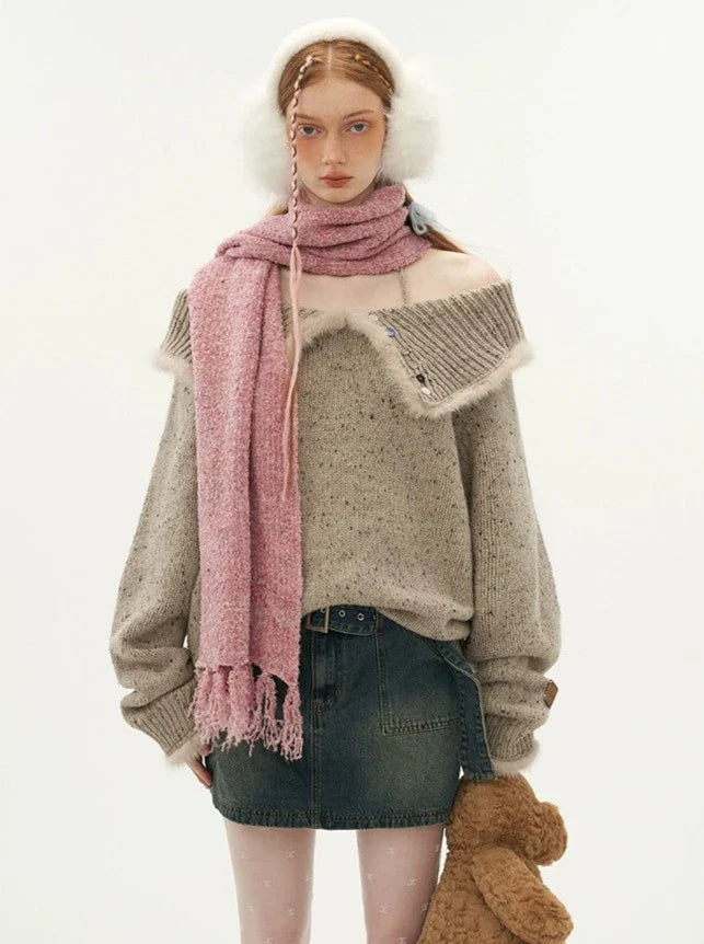 Knit Button Sweater One-shoulder