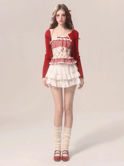 Erdbeer-Top, Neckholder, Kuchen-Hosenträger, kariert, Spitze