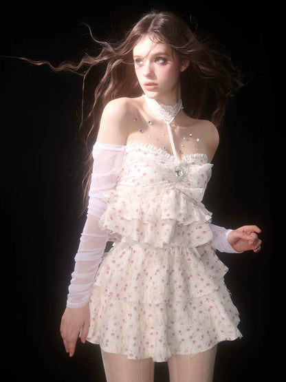 Top French Suit Off-the-shoulder Cake Skirt Flower Halter Tube Fairy + Apricot