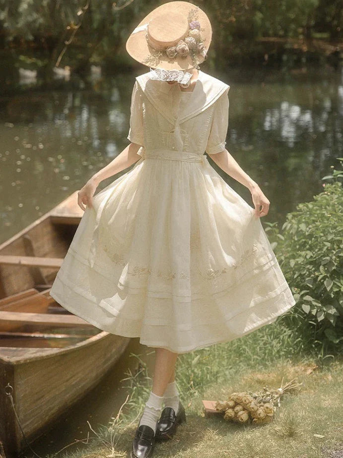 Stickerei Rose Gürtel Tüll Sailor Natur + Rock über Kragen Kleid Farbe + Fee