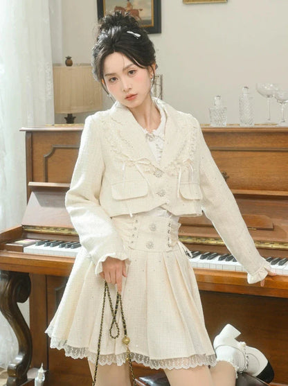 Set-up + Short Frilled Skirt Tweed Lace-up Jacket Pleated