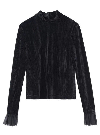 ベルベットダークタートルネックスプライシングシャツメッシュレトロ