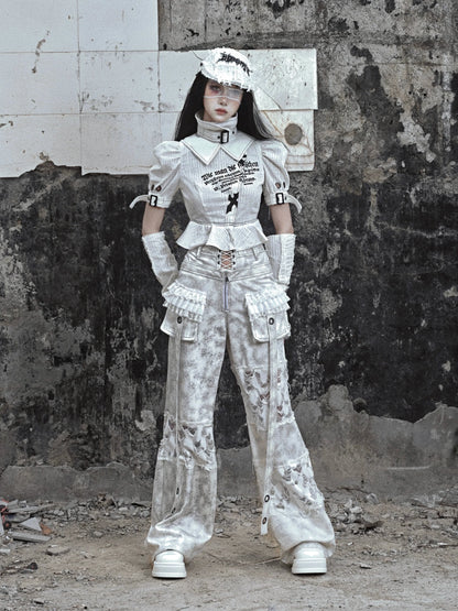 Waist Wide Ruffle Pants Gothic White Lace-Up Pocket