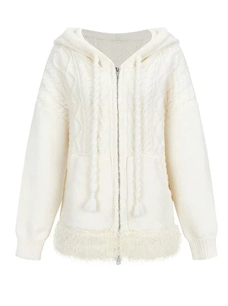 Kapuzenpullover mit Zopfmuster und Reißverschluss