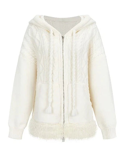 Kapuzenpullover mit Zopfmuster und Reißverschluss