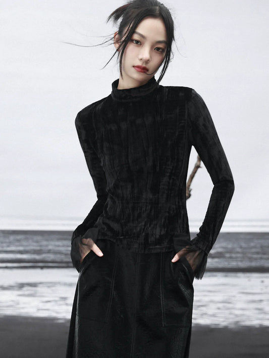 Velvet Dark Rollkragen Splicing Shirt Mesh Retro