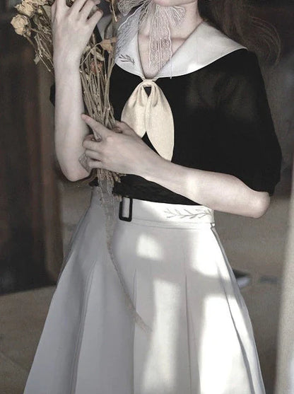 プリーツバニーエレガントネクタイ + レトロな耳パフフレンチスリーブボックスセーラーシャツ + スカートカラー