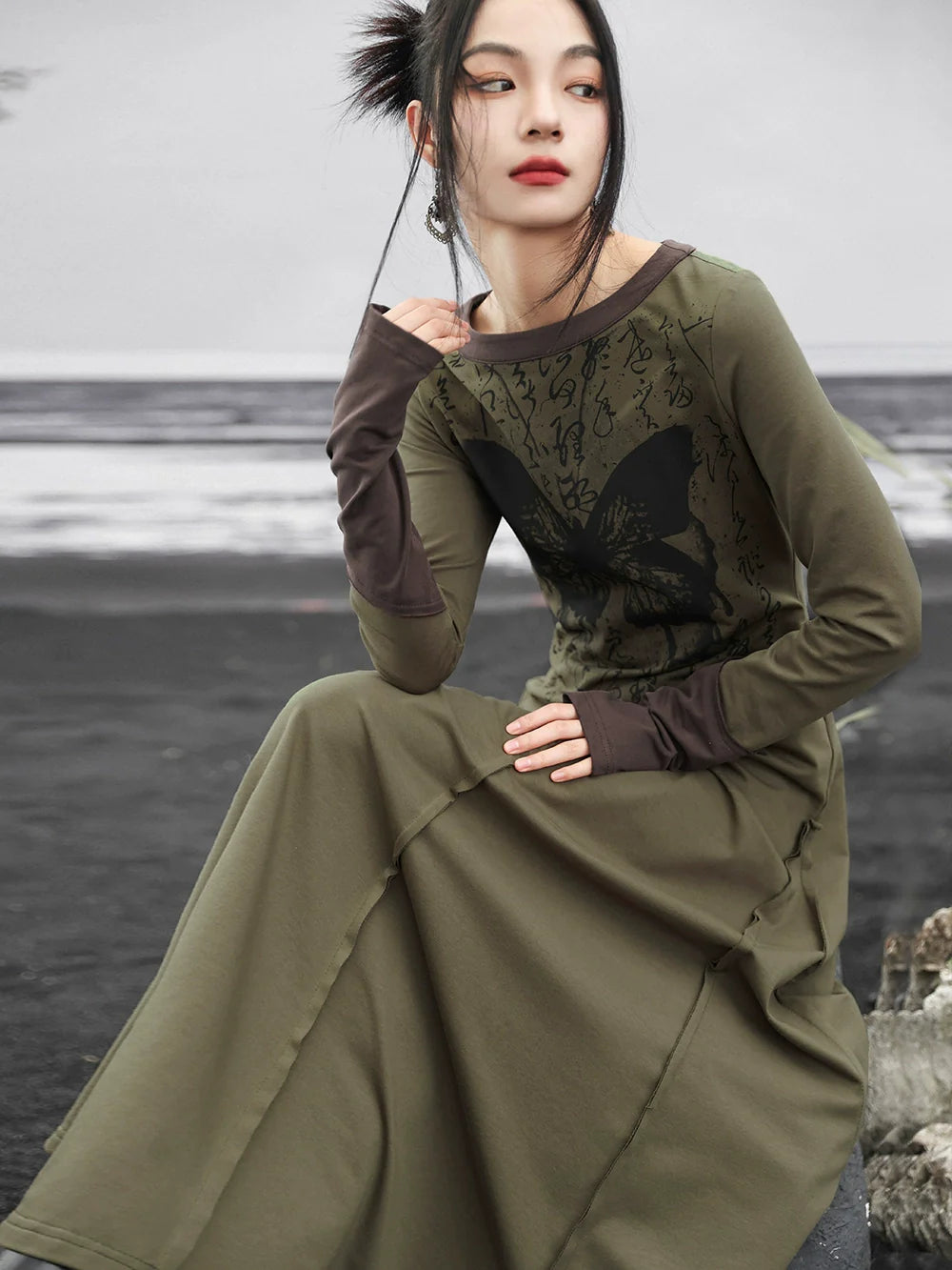 Slim Kanji Butterfly Print Long Dress