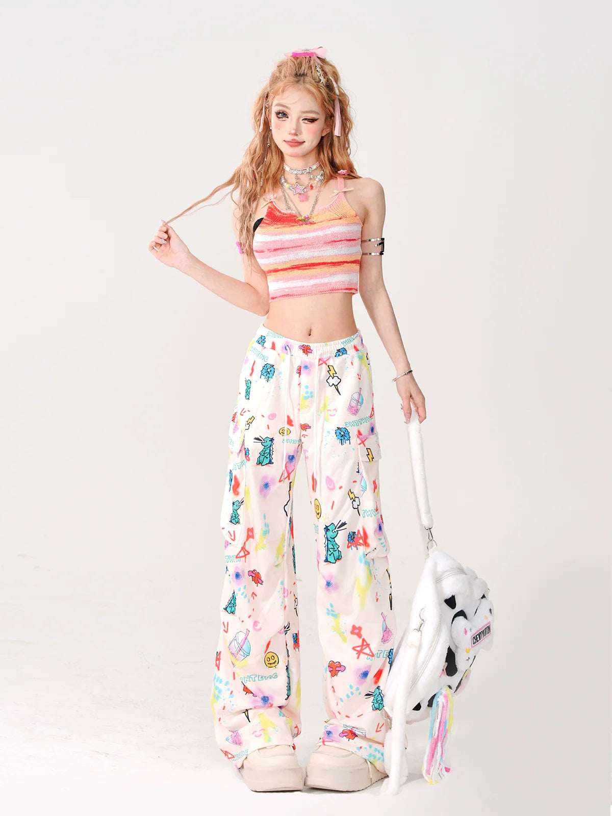 Side Cartoon Street Pants Loose Wide Pocket