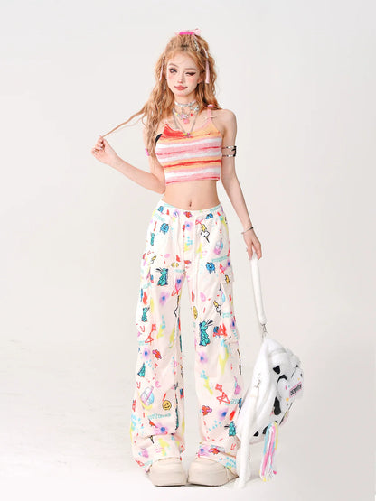 Side Cartoon Street Pants Loose Wide Pocket