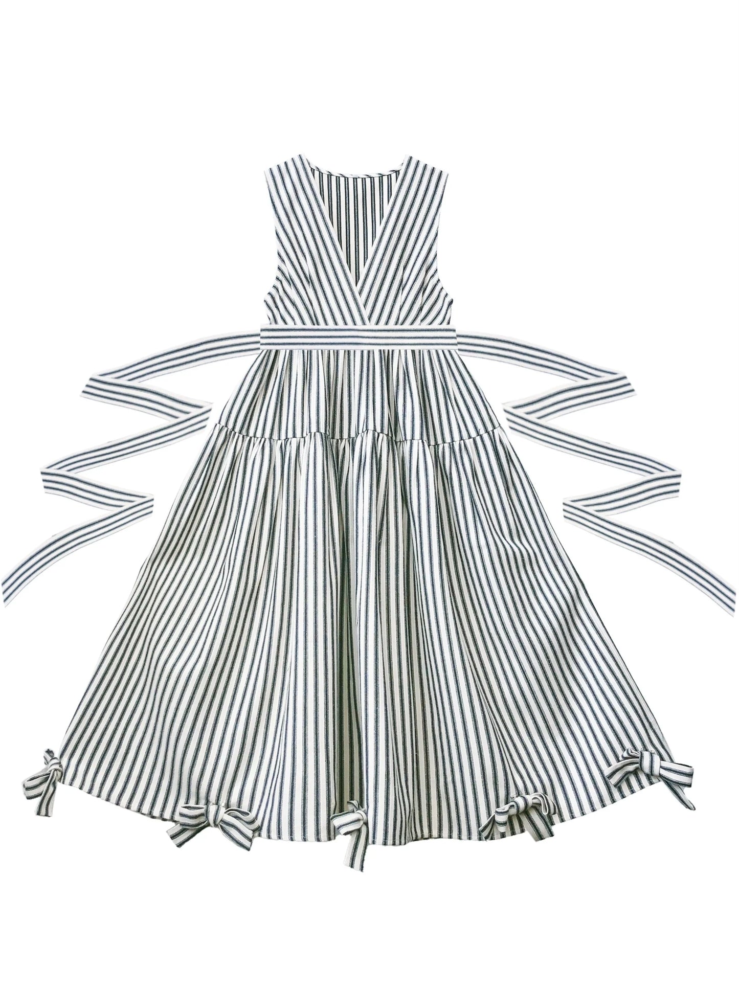 Ribbon French V-Neck + Shirt Dress Retro Striped Ribbon