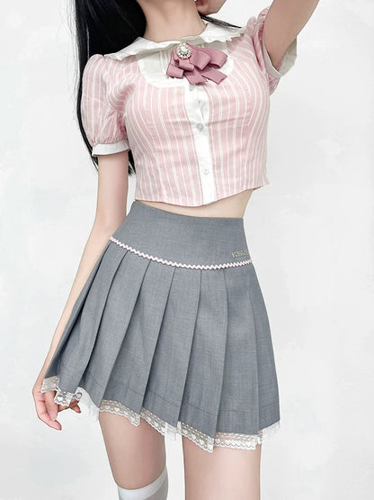 Gestreiftes Top mit Schleife und Puffärmeln, süß