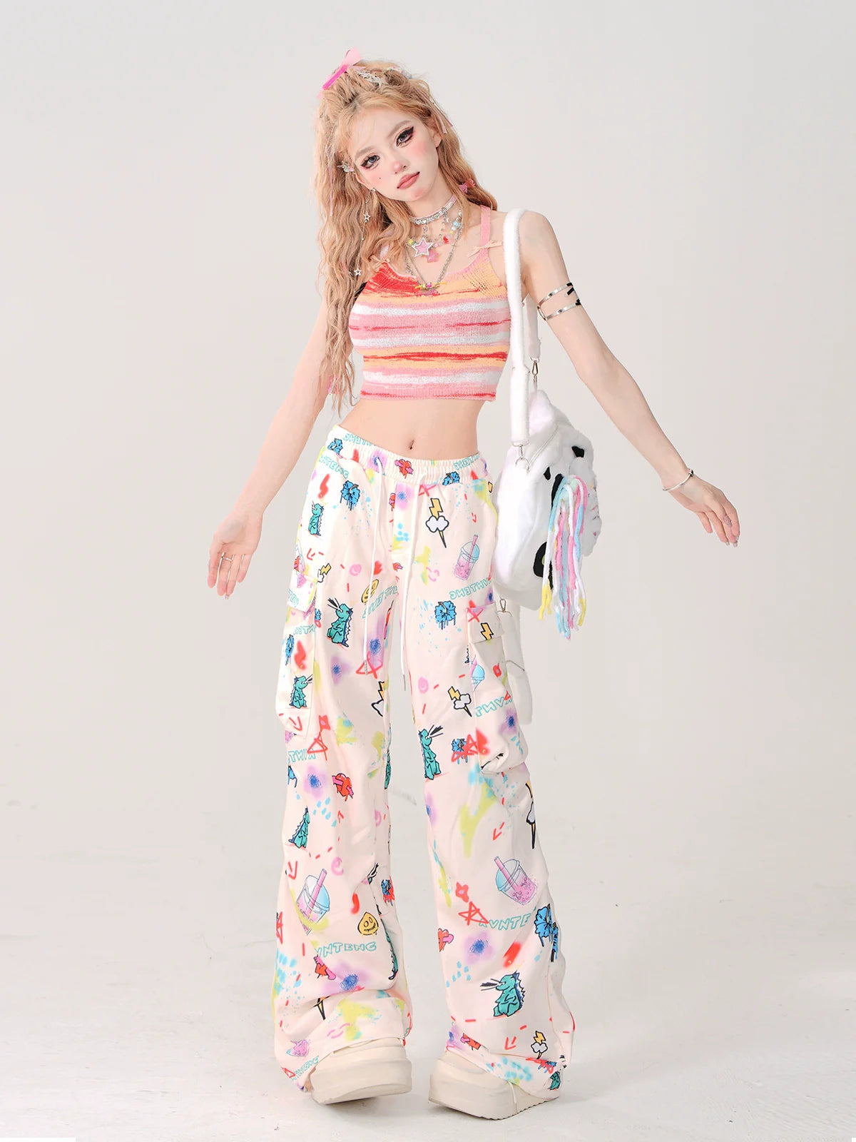 Side Cartoon Street Pants Loose Wide Pocket