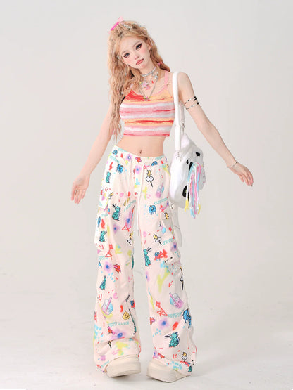 Side Cartoon Street Pants Loose Wide Pocket