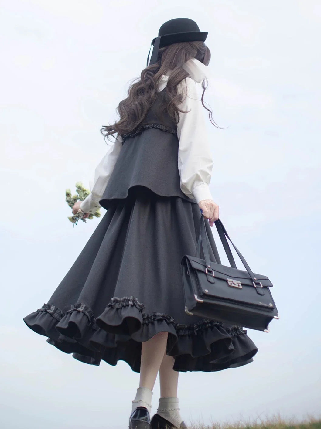 リボンチェックカレッジ+スタイルベストホワイトスーツスカートフリルオリジナルフリルシャツフリル