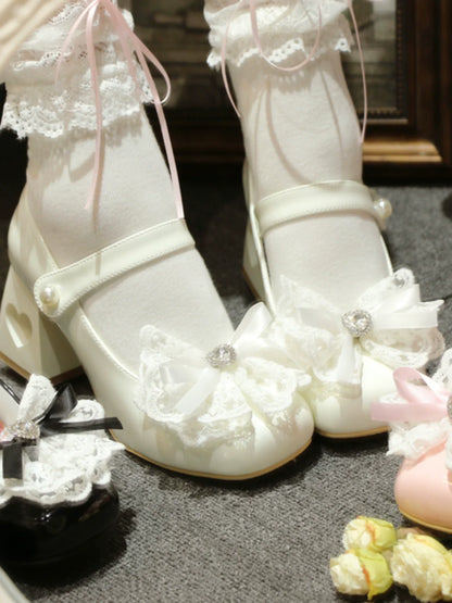 エレガントなフレンチスクエアレースリボンシューズヒールトゥロリータラブ