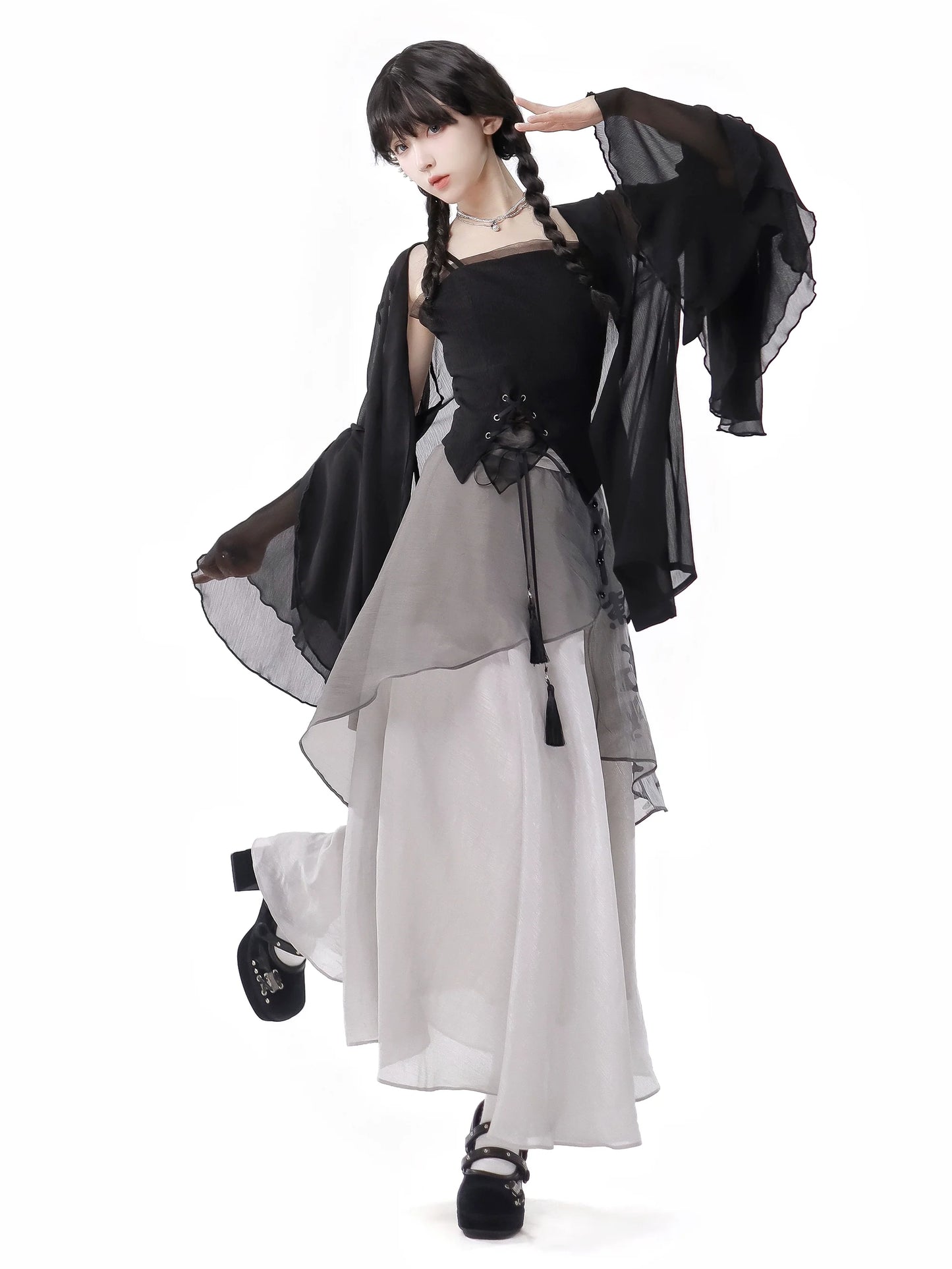 シャツトップドレス カリグラフィー シフォンサスペンダー シフォンスカート