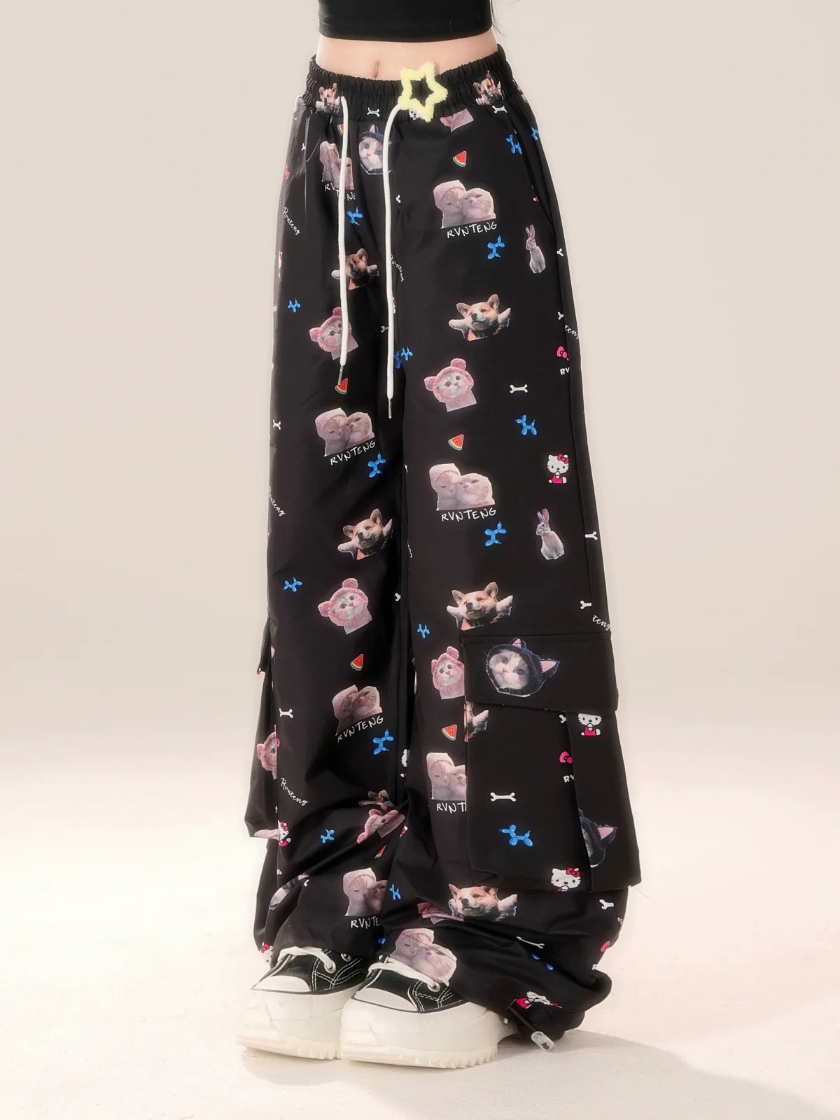 Lässige Niche Hose Schwarz Design Hook Cat