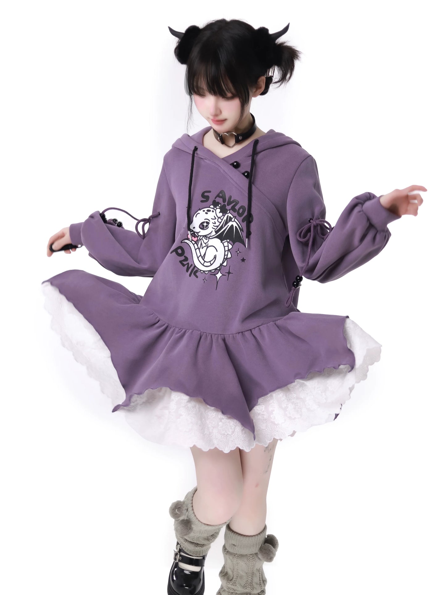 Purple Air Dragon Embroy Dary Plash Jacket + Hood Print Sweat Dress