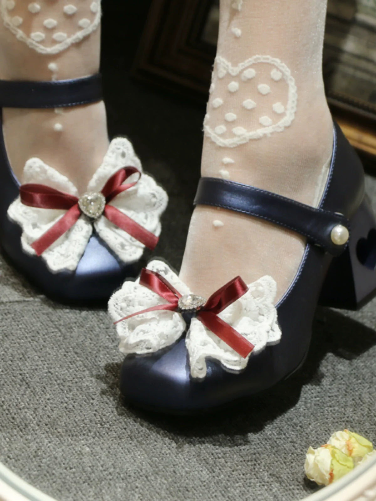 エレガントなフレンチスクエアレースリボンシューズヒールトゥロリータラブ