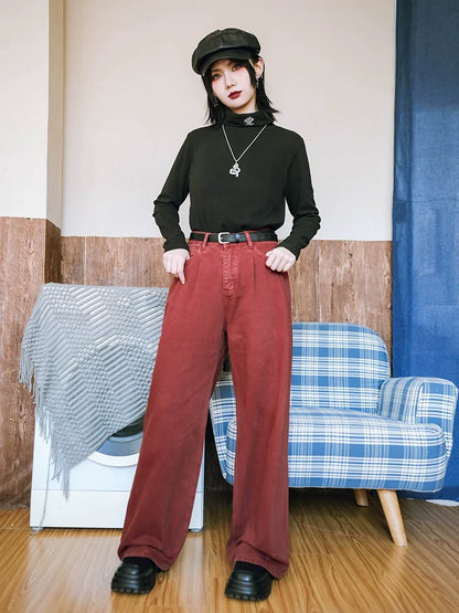 Red Denim Wide Straight