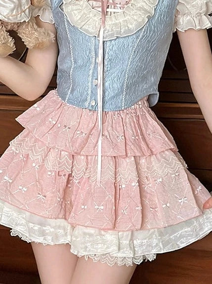 Ruffle Sleeve Vest + Balloon Shirt Puff Skirt