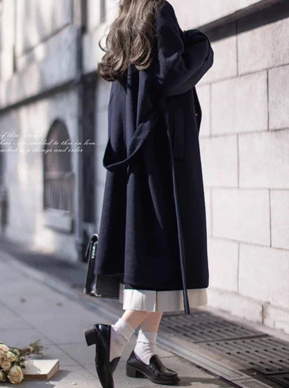 カレッジダブルブレストウールエレガントコクーンコート（ブルー）