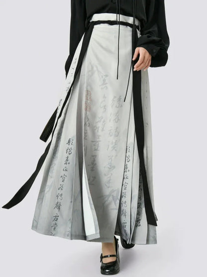 Langes schwarz-graues Hemd, China-Rock-Print + Retro