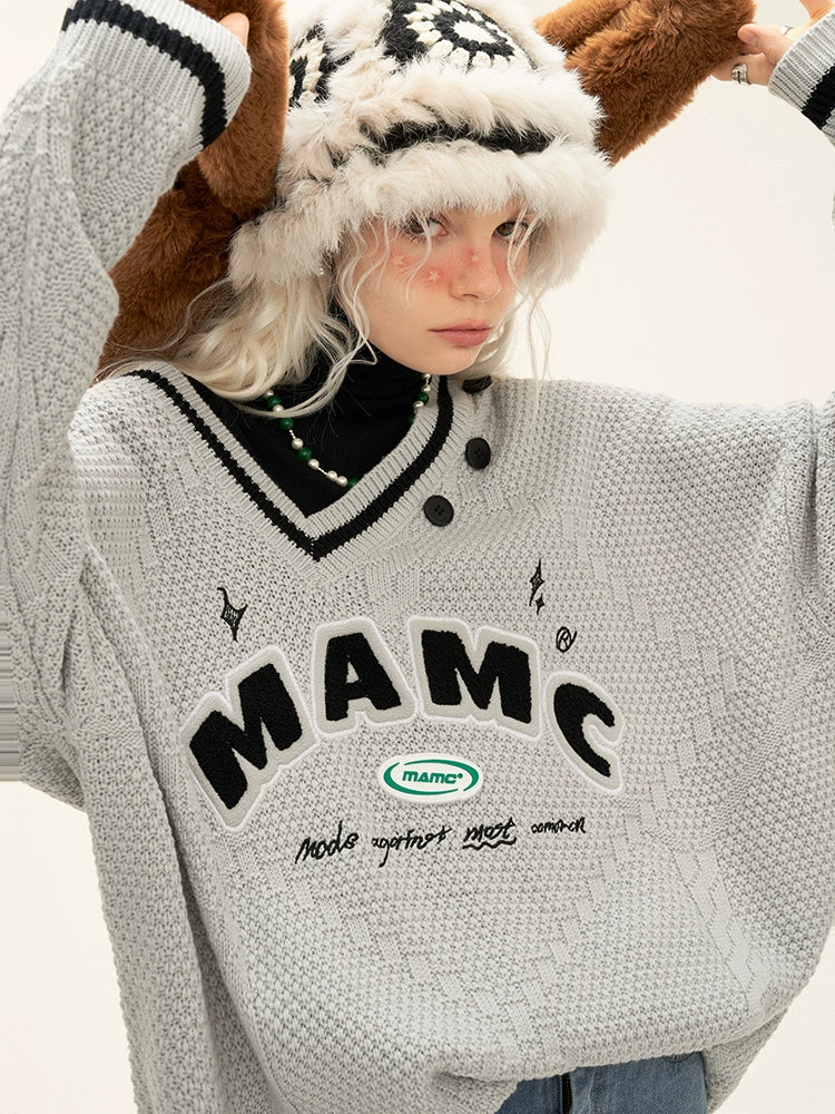 Vネッククールオーバーニットロゴ