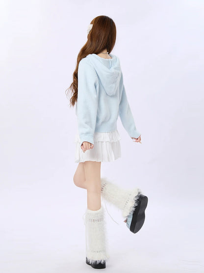 クリームニットフーディーブルーカーディガン