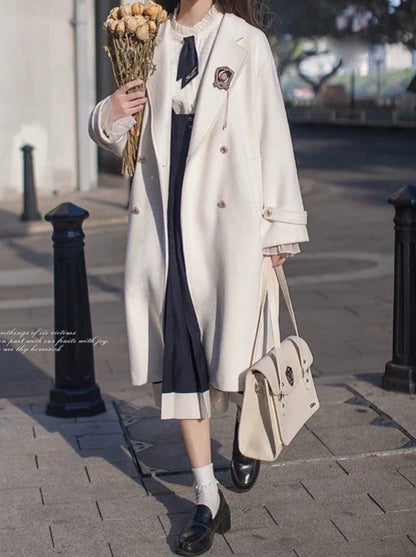 ダブルブレストウールコクーンホワイトエレガントコートカレッジ