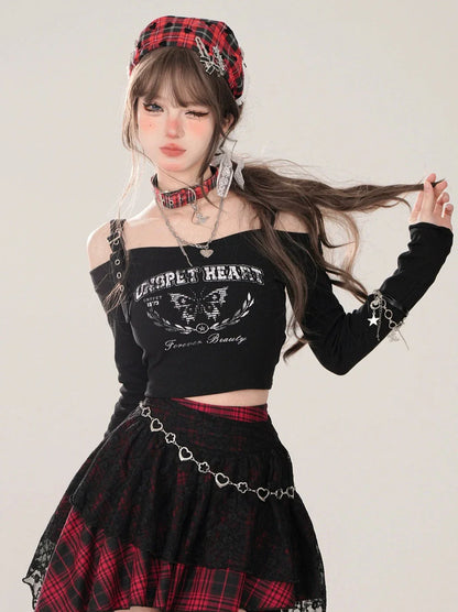 ショートTシャツ オフショルダー ロング スリム ブラック スリーブ