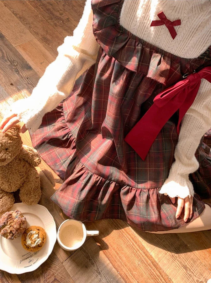 チェックフリルビッグリボンドレス