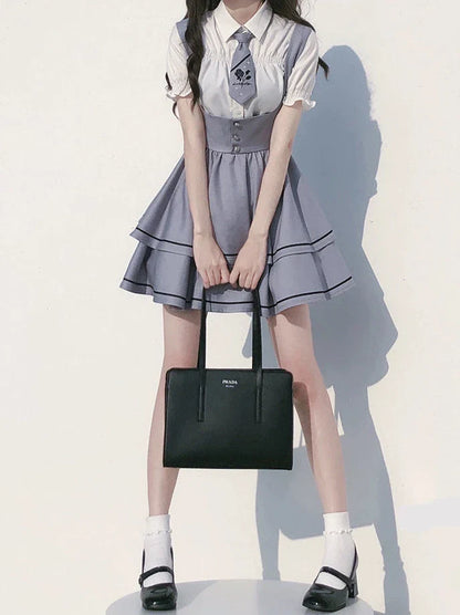 Shirt Beere Lange Wilde Ärmel + Puff Shirt Ärmel Kuchen Krawatte Rock Set Hosenträger Tutu