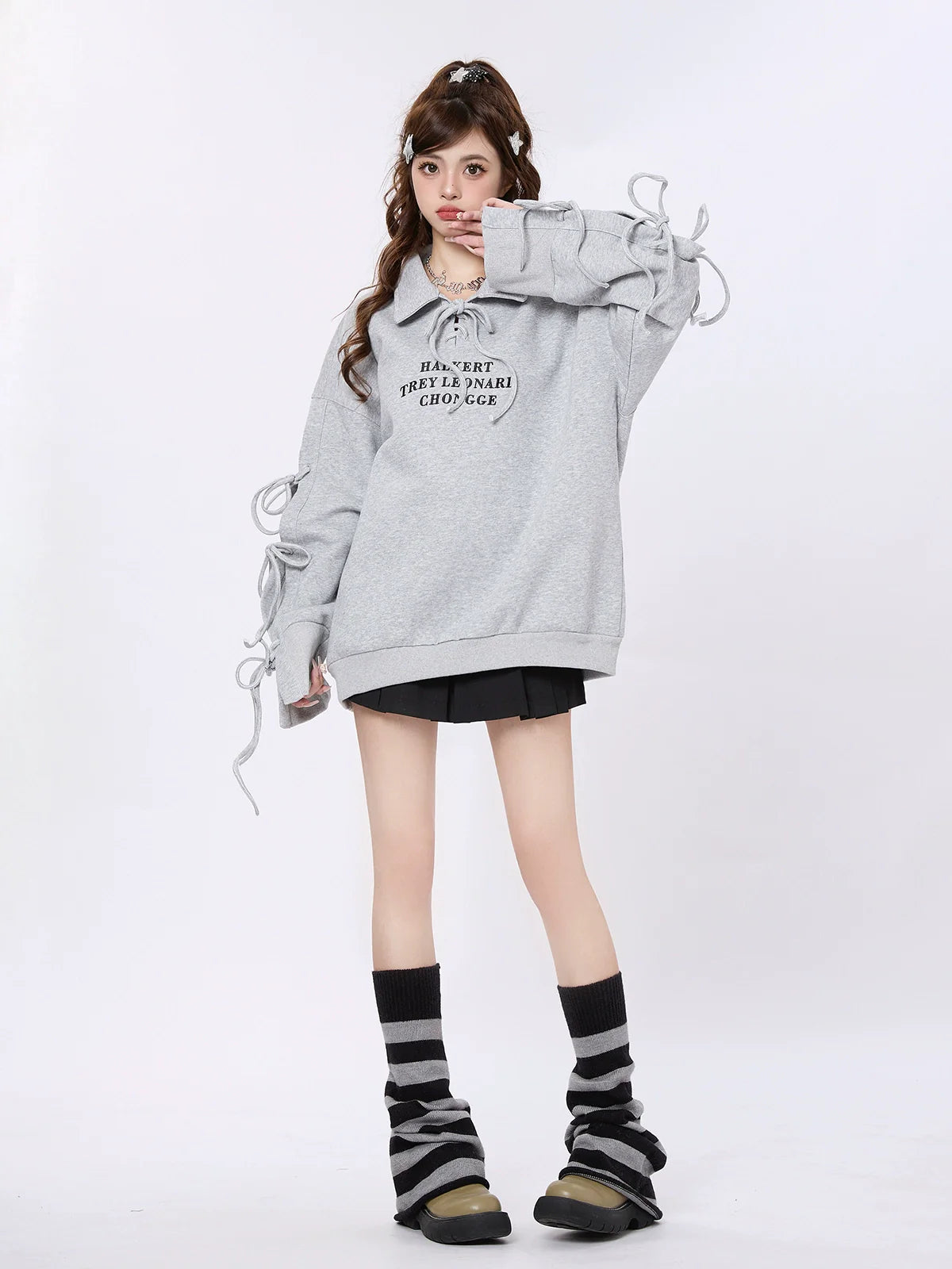 Polo Strap Design Sweatshirt Loose Collar