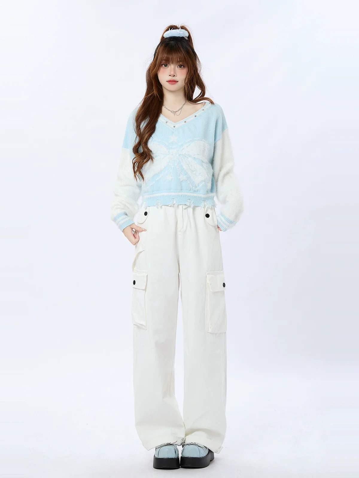 ショートリボンVネックアメリカンカラーブロックニットスター