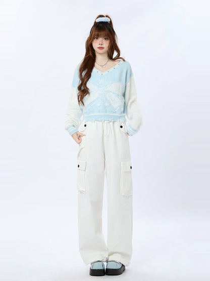 ショートリボンVネックアメリカンカラーブロックニットスター