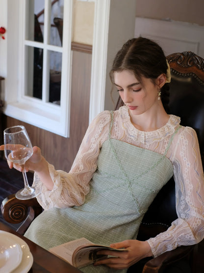 Perlen-Hosenträger, französischer Spitzenrock, Hemd + lang