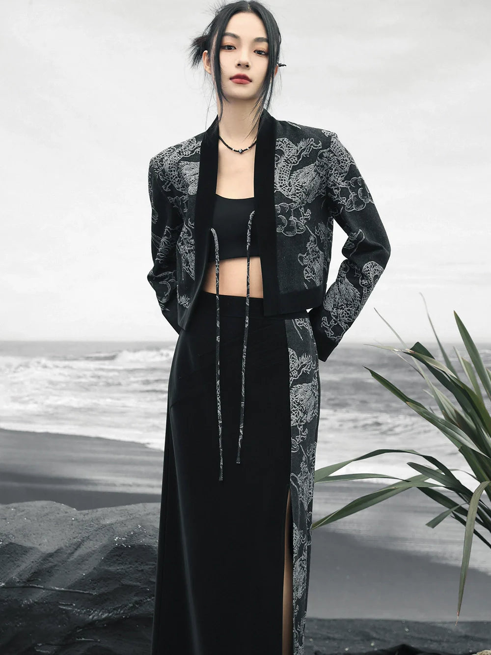 Taillenspleißen Retro High Loose Top Zweireihiger Drachen-Jacquard