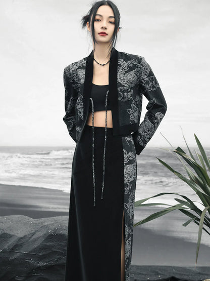 Taillenspleißen Retro High Loose Top Zweireihiger Drachen-Jacquard