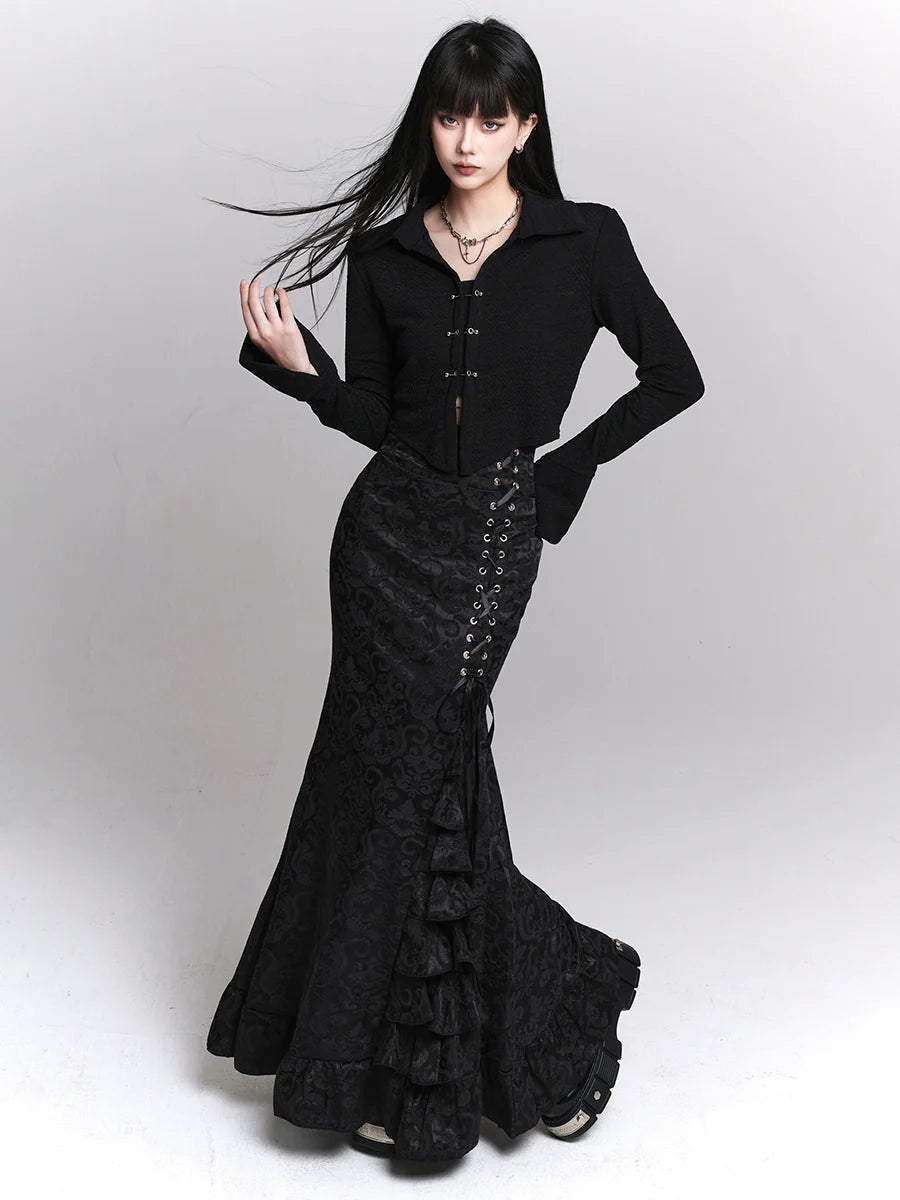 サイドフレアレースアップダークスカートウエストフリル