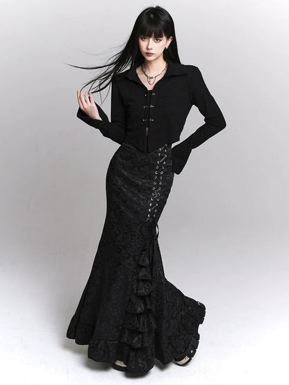 サイドフレアレースアップダークスカートウエストフリル