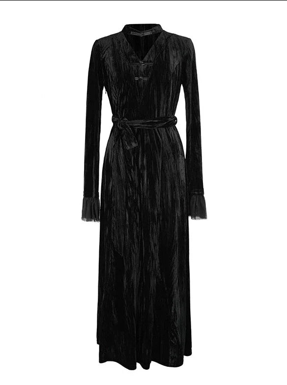 Spleißständer Chinesisches V-Kragen Mesh Romantisches Retro Samt Schwarzes Kleid