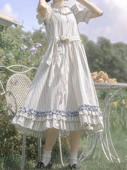 Shirt Handmade + Dress Puff Sheer Ruffled Sleeve Shoulder Corsage Inner Fairy Lace + Striped